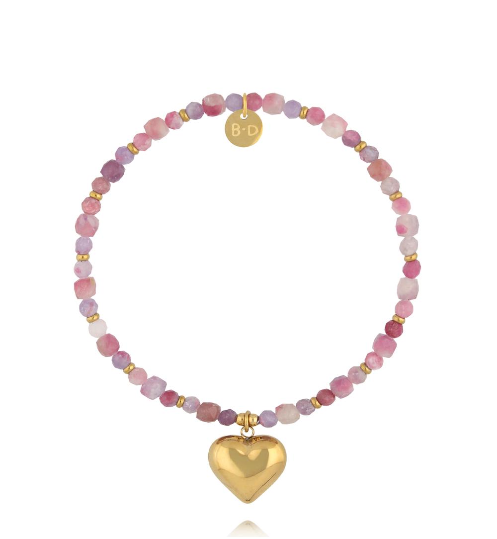 Bransoletka z różowego turmalinu ze złotym sercem BPA0607