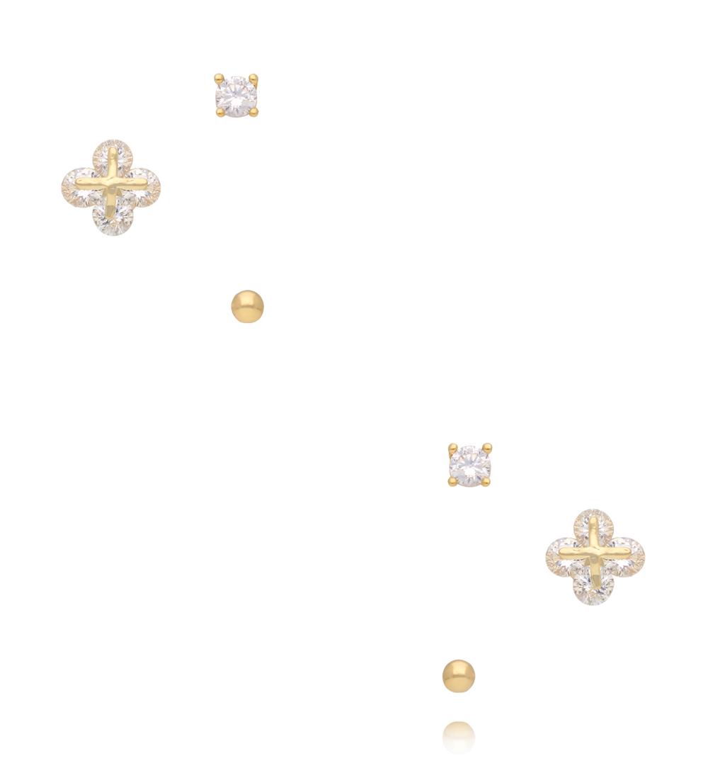 Zestaw złoconych kolczyków – koniczynka z cyrkoniami, cyrkonia i złota kuleczka KMB0022