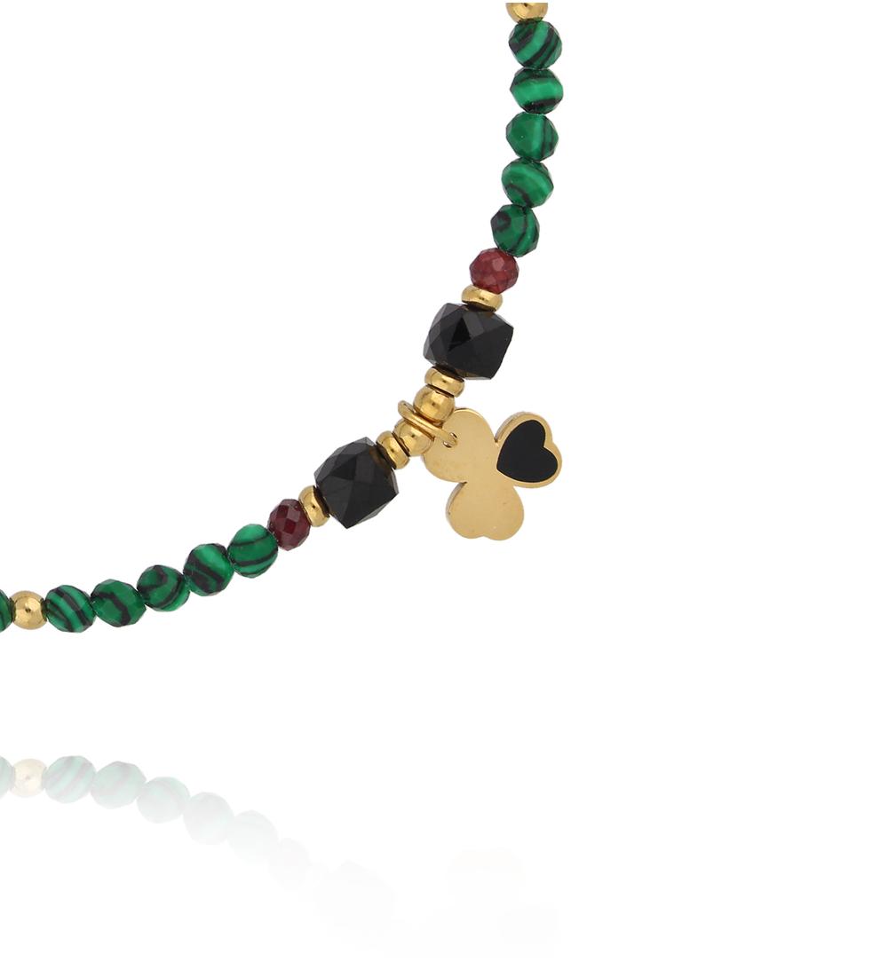 Bransoletka z malachitu, granatu i czarnego turmalinu ze złotą koniczyną BTW3513