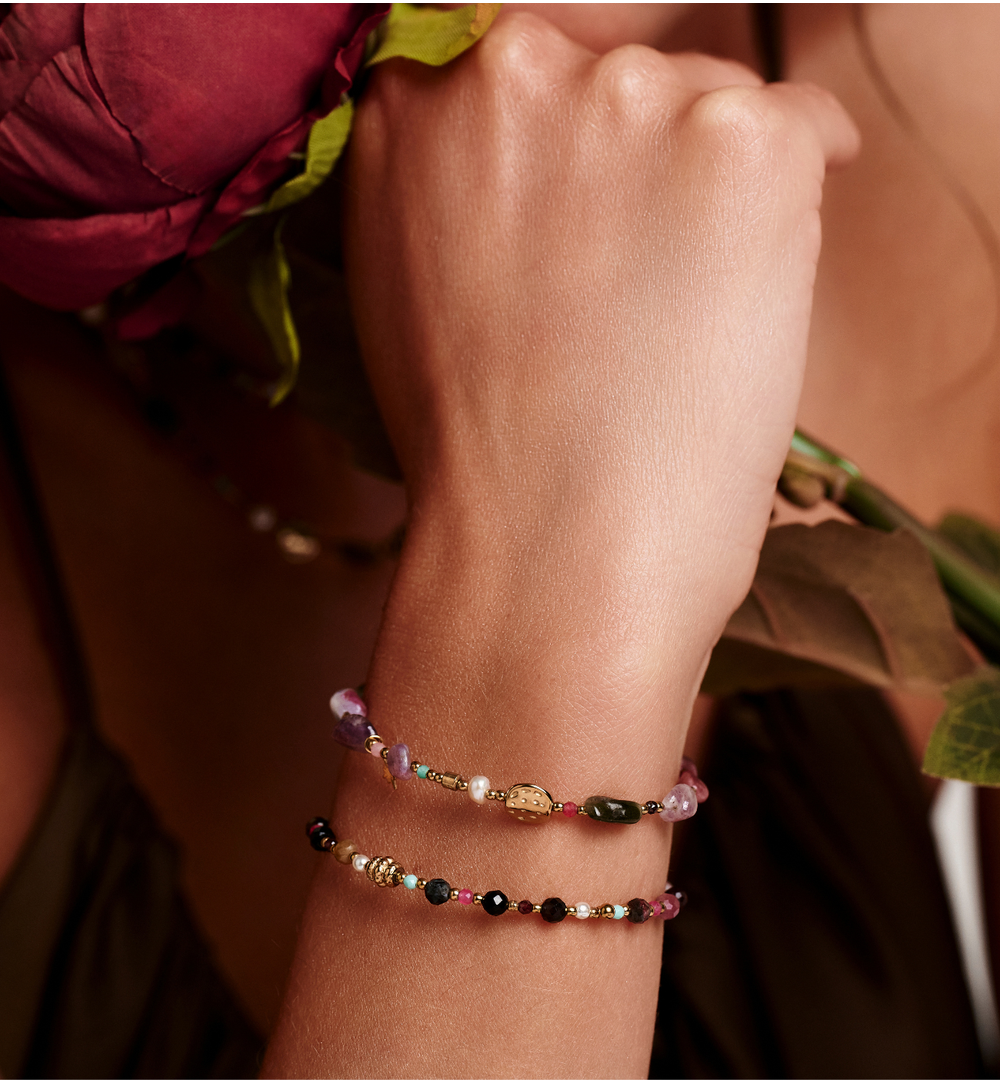 Bransoletka z naturalnych kamieni – turmalin, granat i amazonit BEA0089