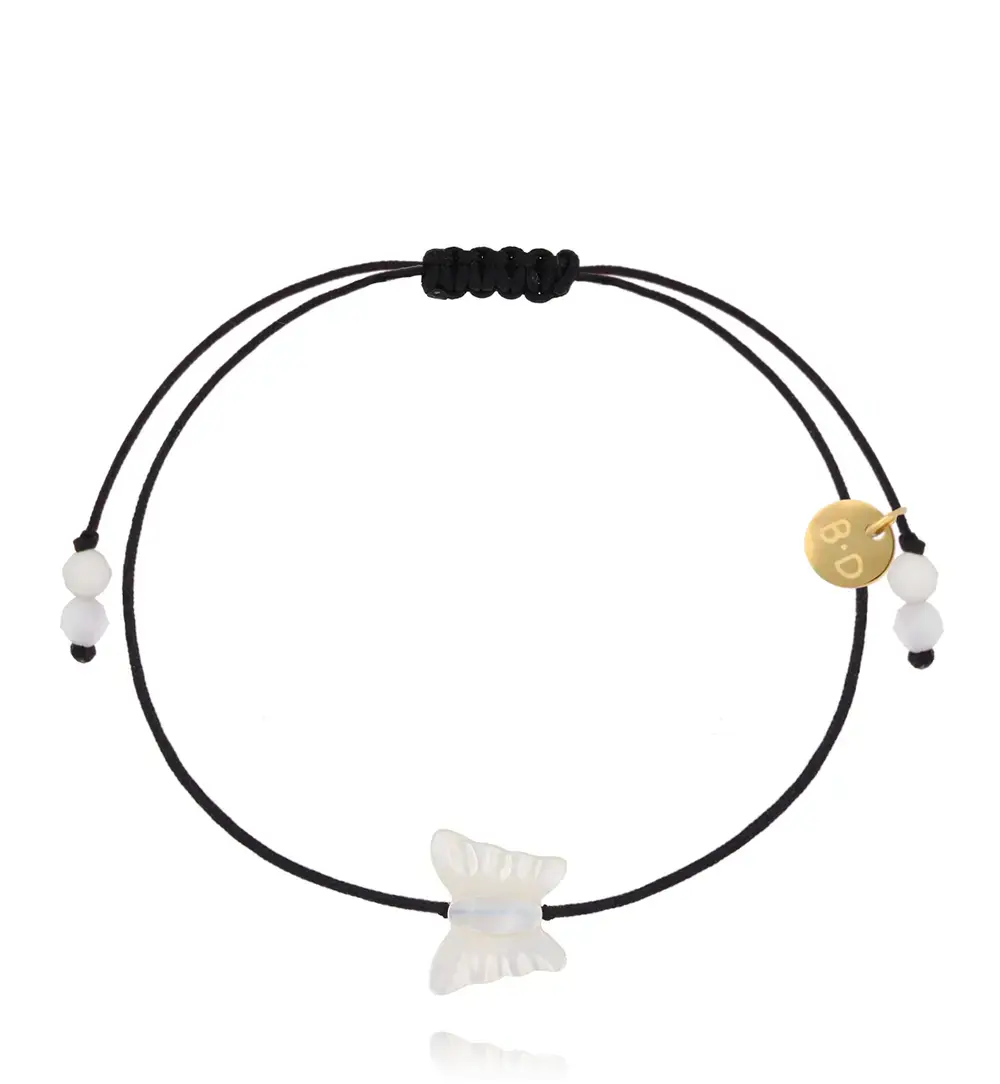 Bransoletka na czarnym sznurku z białym motylkiem BMT0349