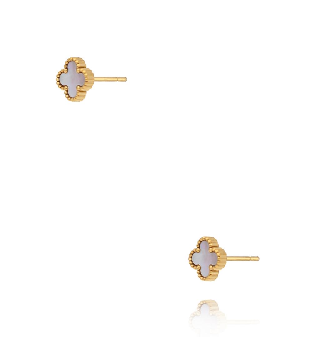 Kolczyki koniczynki z masą perłową w złotej oprawie KSY0599