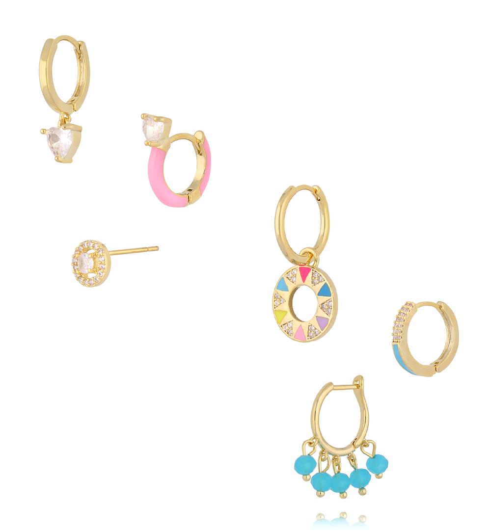 Zestaw kolorowych kolczyków – złocone, z emalią i cyrkoniami KMB0061