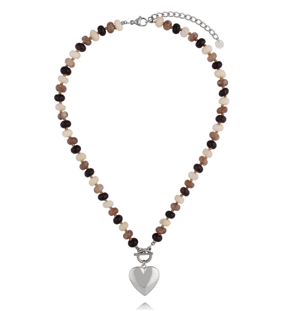 Naszyjnik w odcieniach kawy i karmelu ze srebrnym sercem NPA1631