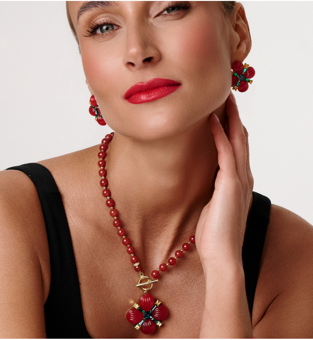 Zestaw biżuterii z czerwonym motywem kwiatowym ZN0161