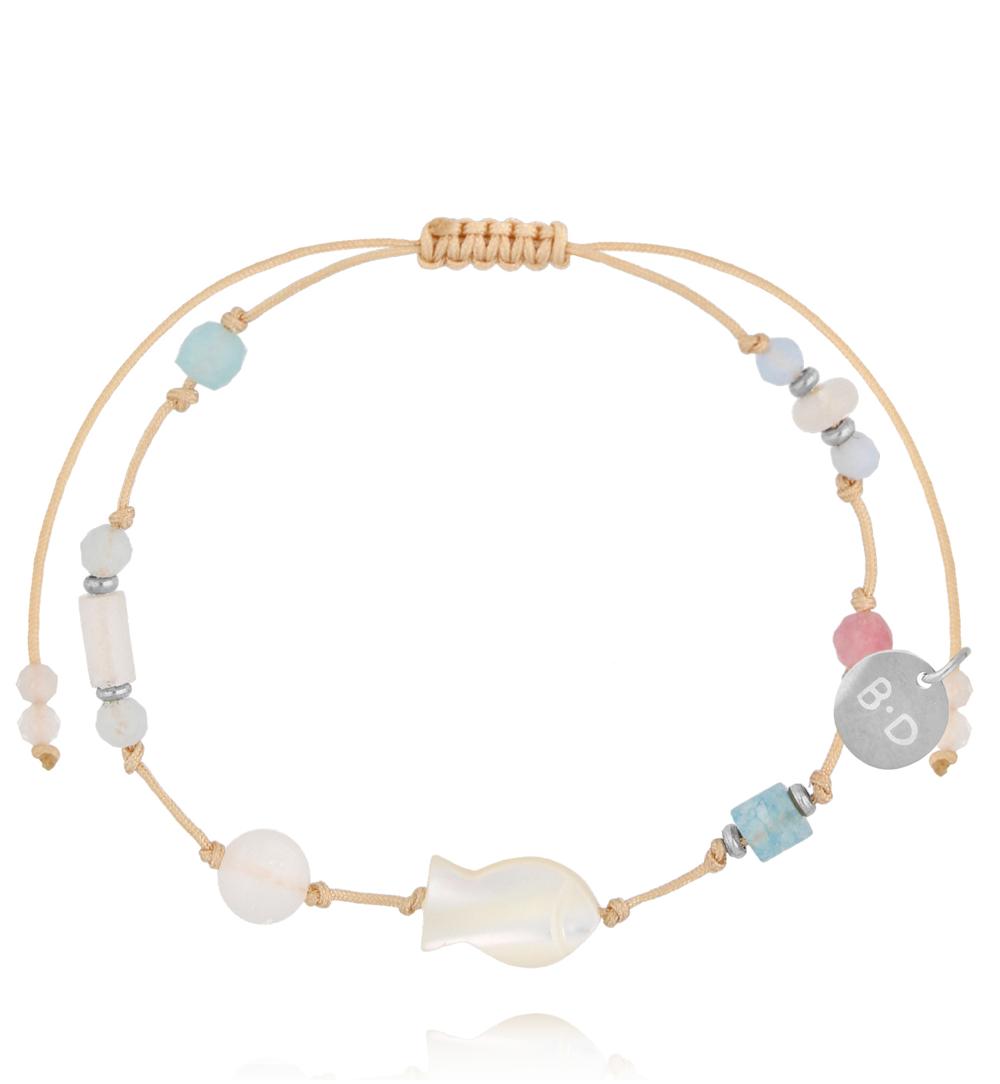 Bransoletka na beżowym sznurku z rybką, turmalinem różowym i akwamarynem BMT0354