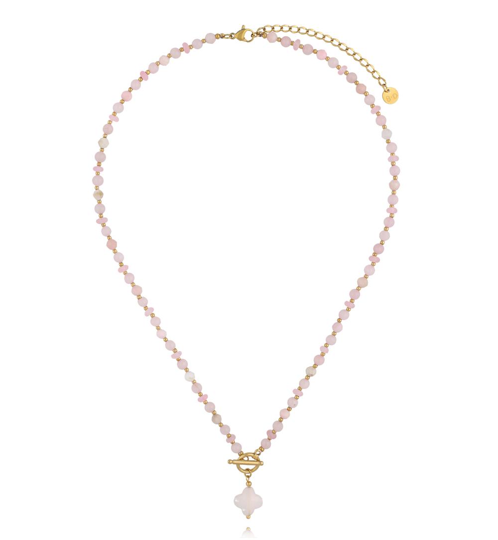 Naszyjnik z różowego kwarcu z zawieszką koniczynki NPA1609