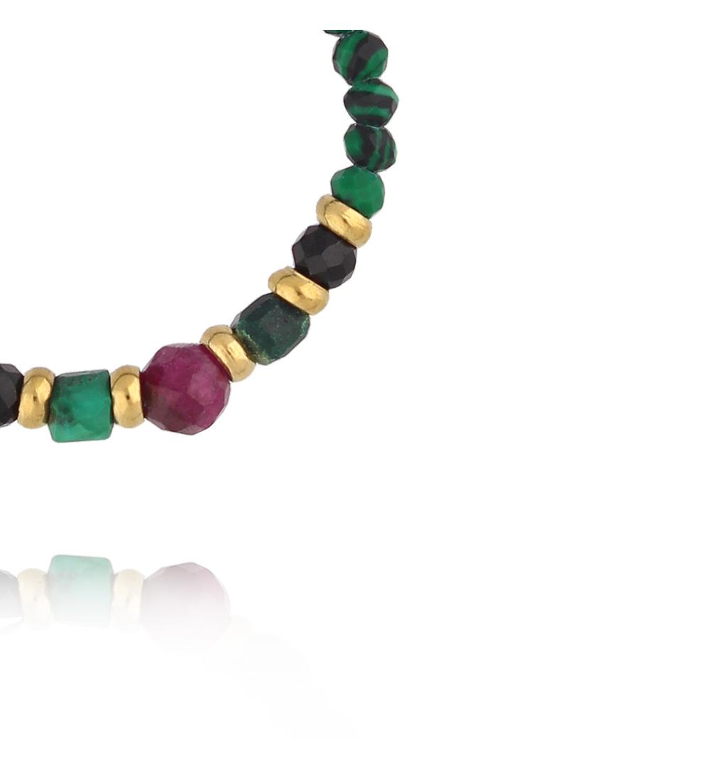 Pierścionek elastyczny z malachitem, czarnym turmalinem i rubinem PTW0633