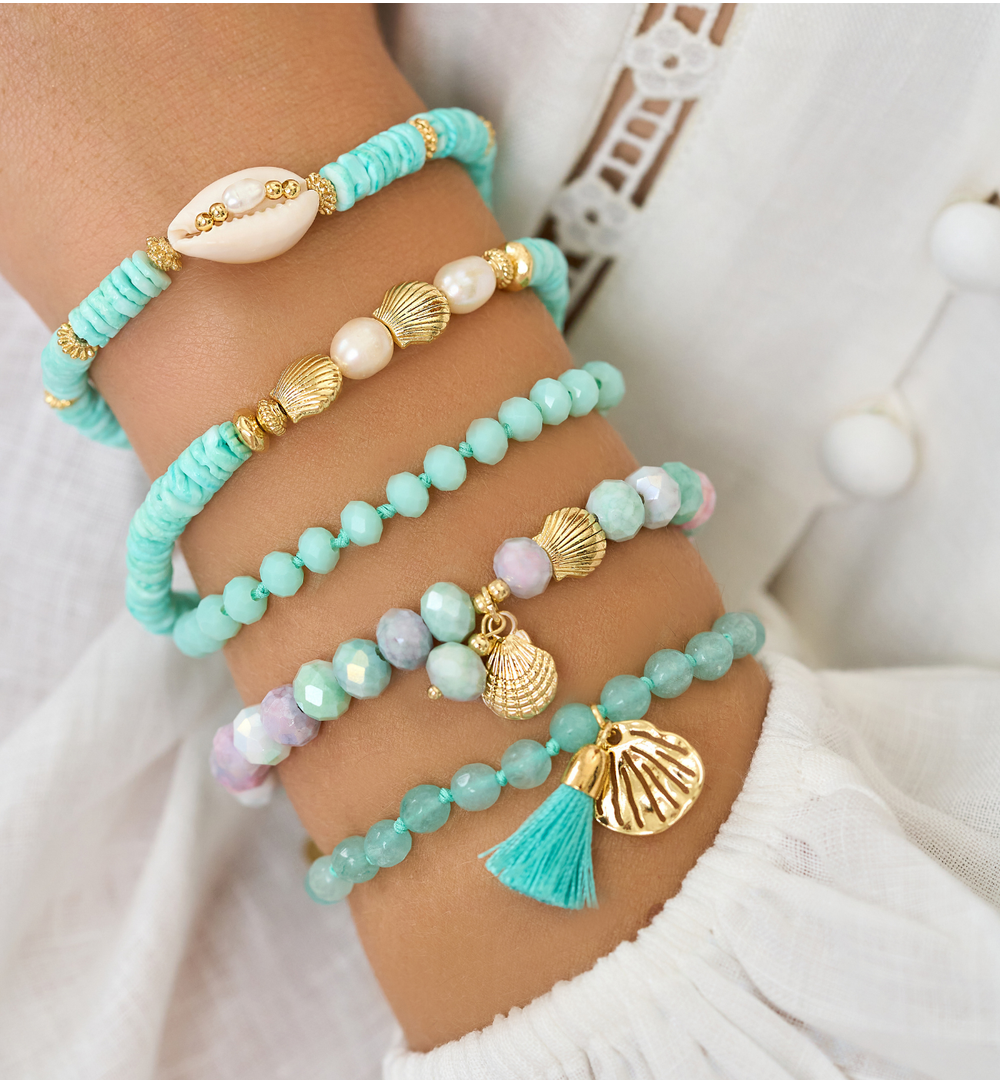 Bransoletka z zielonymi muszlami i perłami Pearl and Shell BSH0137