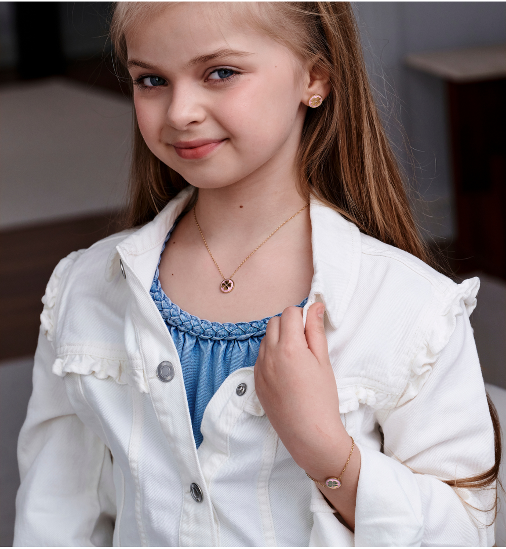 Zestaw biżuterii dla mamy i córki z różową koniczynką ZN0214