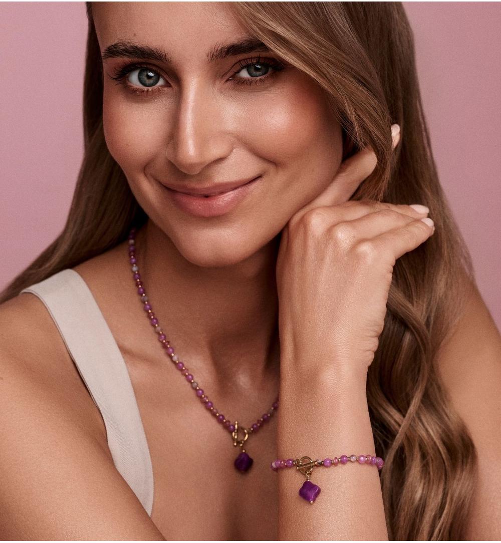 Zestaw biżuterii z kamieniami naturalnymi i fioletową koniczynką ZN0229