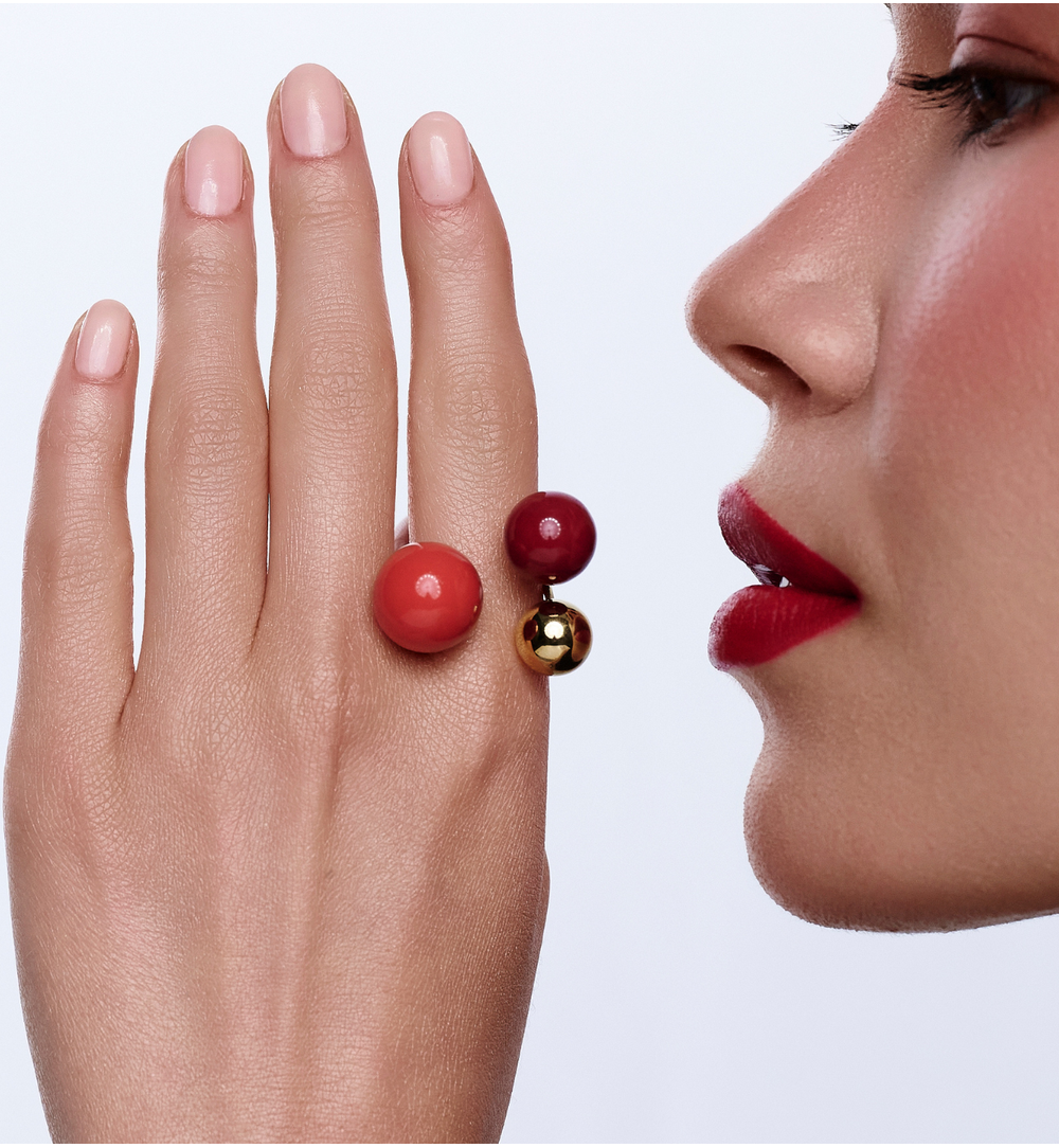 Pierścionek z kulkami w odcieniach pomarańczowego i bordowego PSA1088