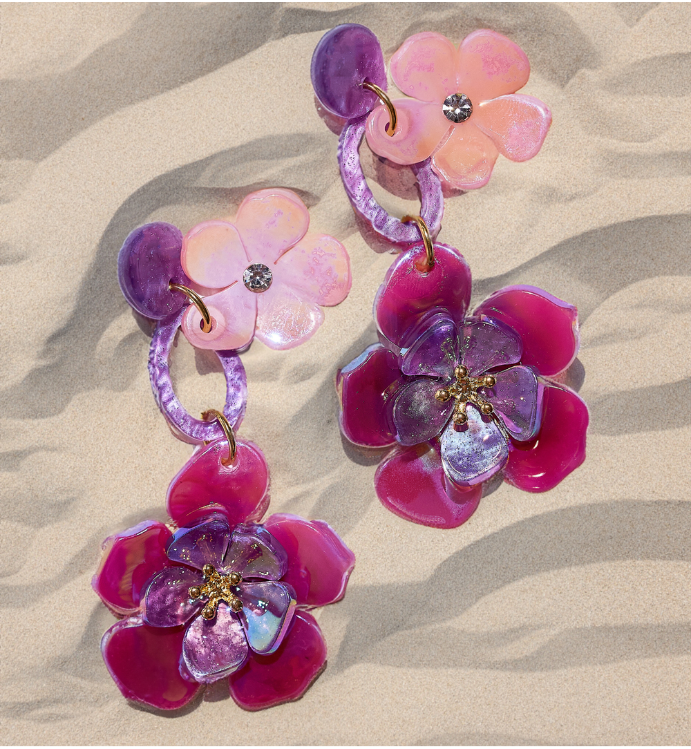 Kolczyki różowo lawendowe z kwiatami Flower Power KZA0103
