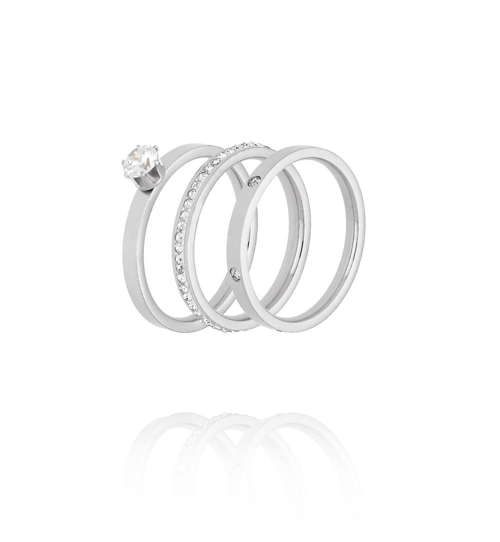 Zestaw trzech pierścionków w srebrnym wykończeniu z cyrkoniami PSY0128