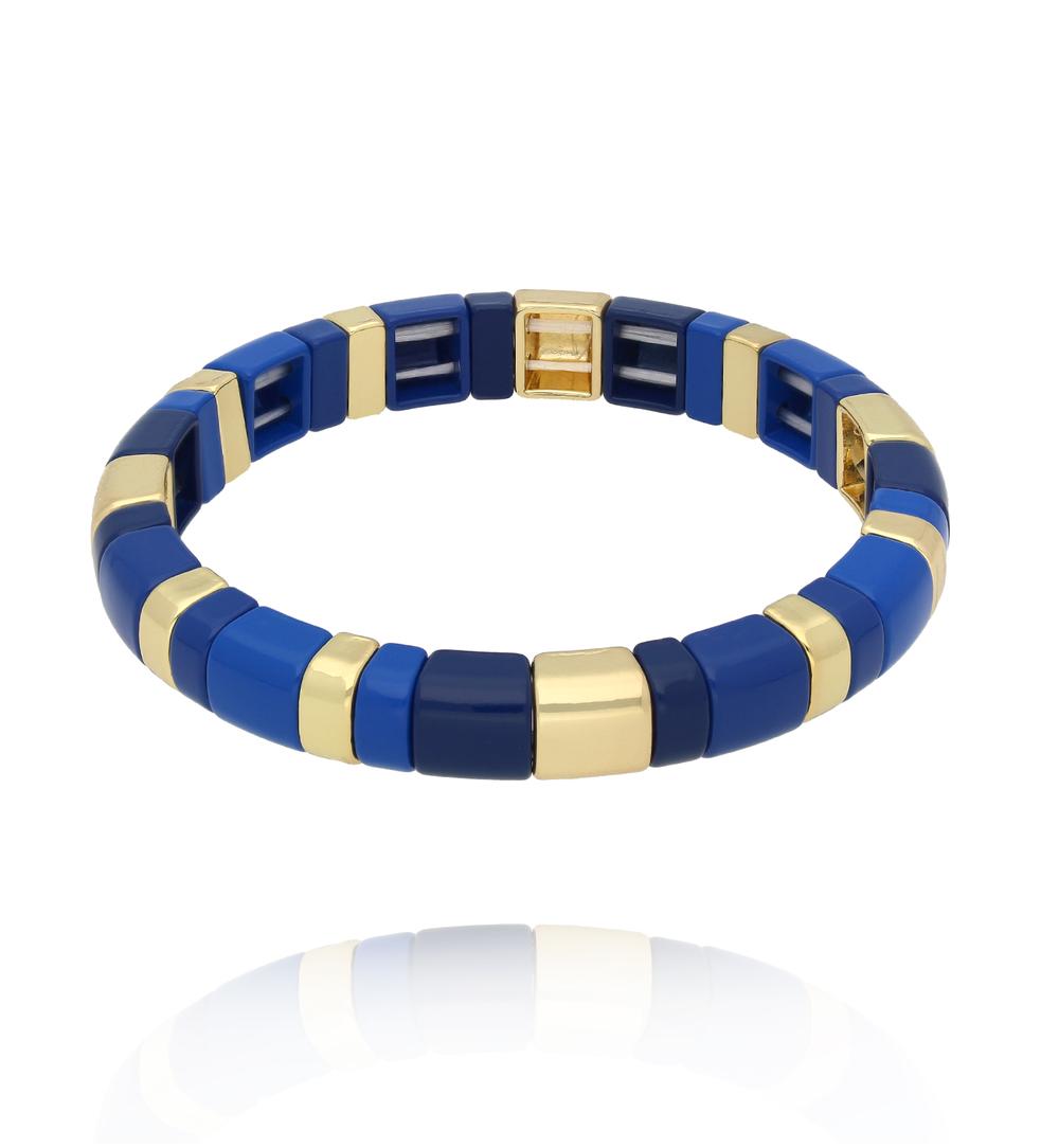 Bransoletka elastyczna z geometrycznych segmentów w odcieniach niebieskiego i złota BCR0076