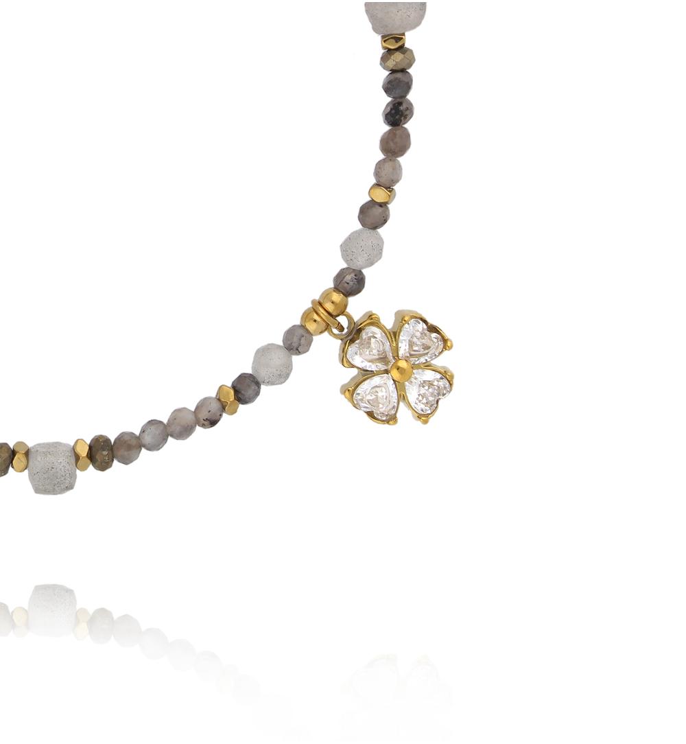 Bransoletka z labradorytu, hematytu i pirytu z koniczyną BTW3496