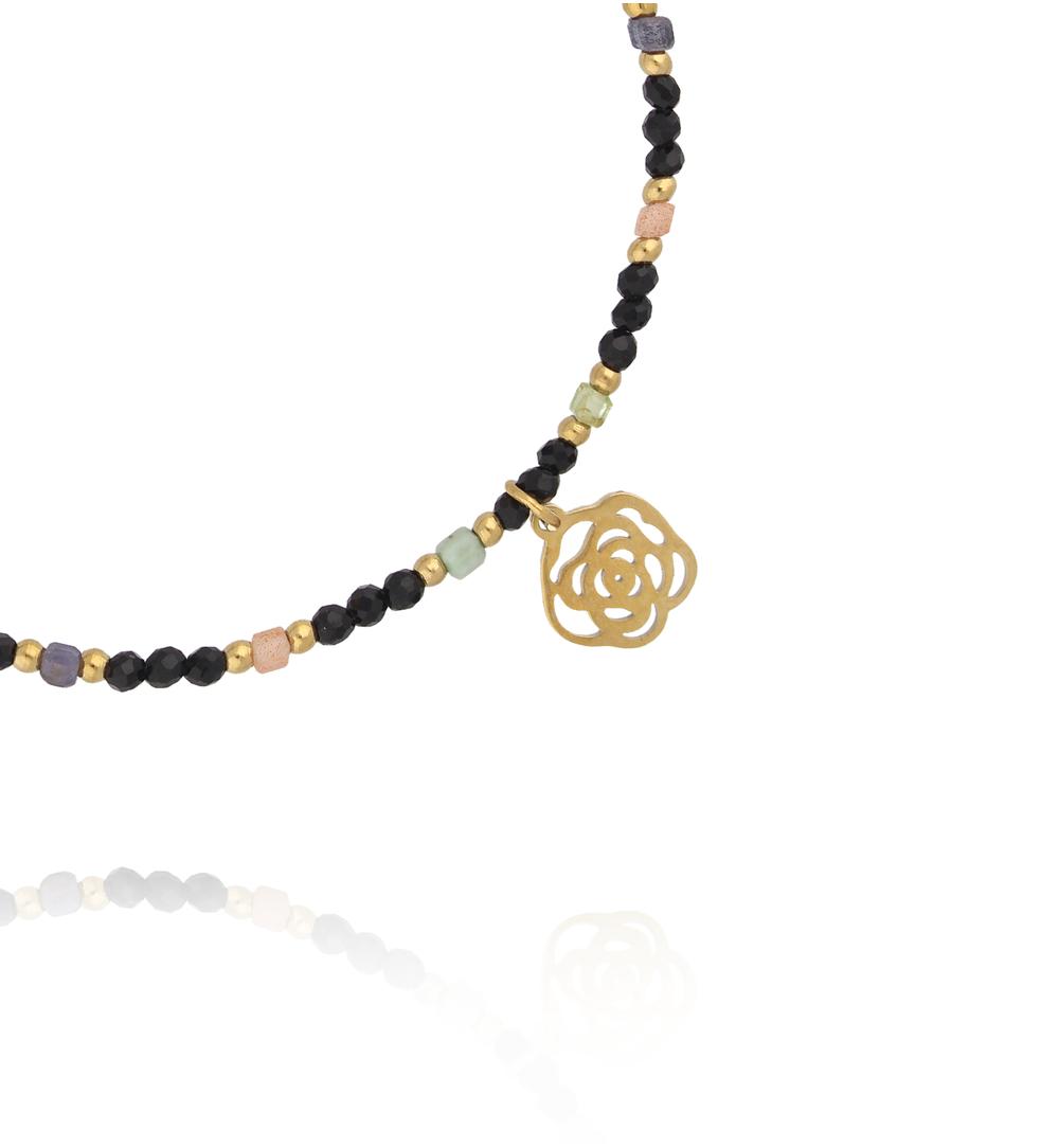 Bransoletka z czarnymi turmalinami i zawieszką róża BTW3669