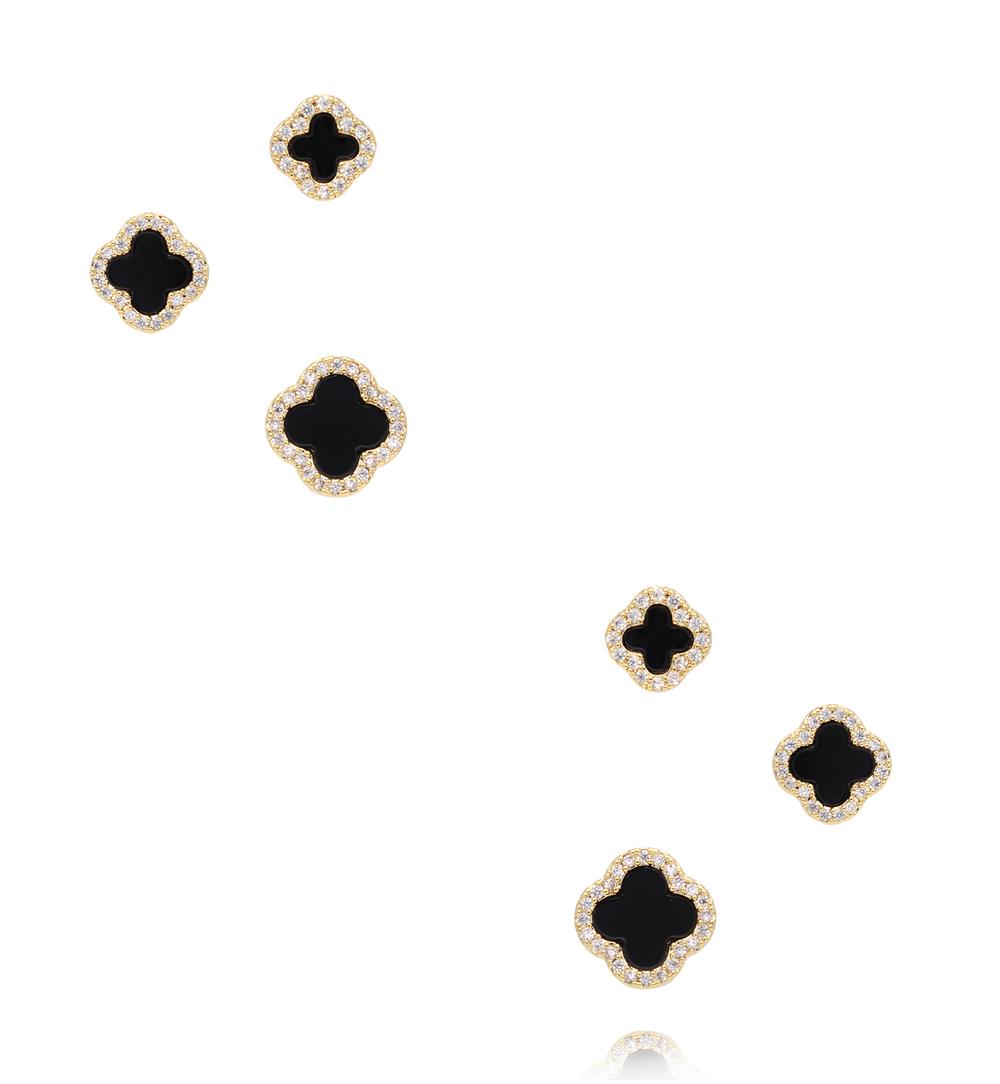 Zestaw złoconych kolczyków z czarnym kamieniem i cyrkoniami KMB0035