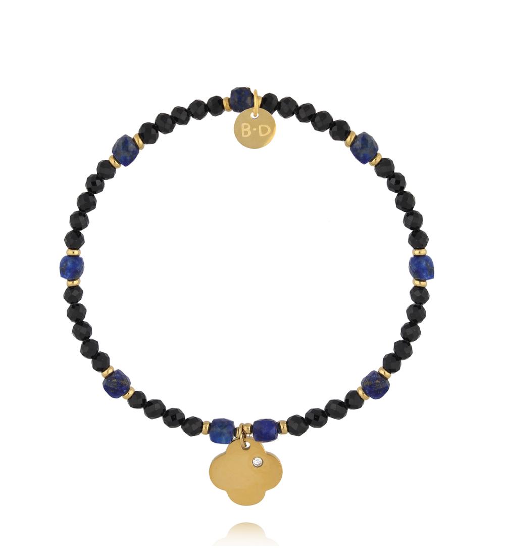 Bransoletka z czarnego turmalinu i lapisu ze złotą koniczyną BTW3507