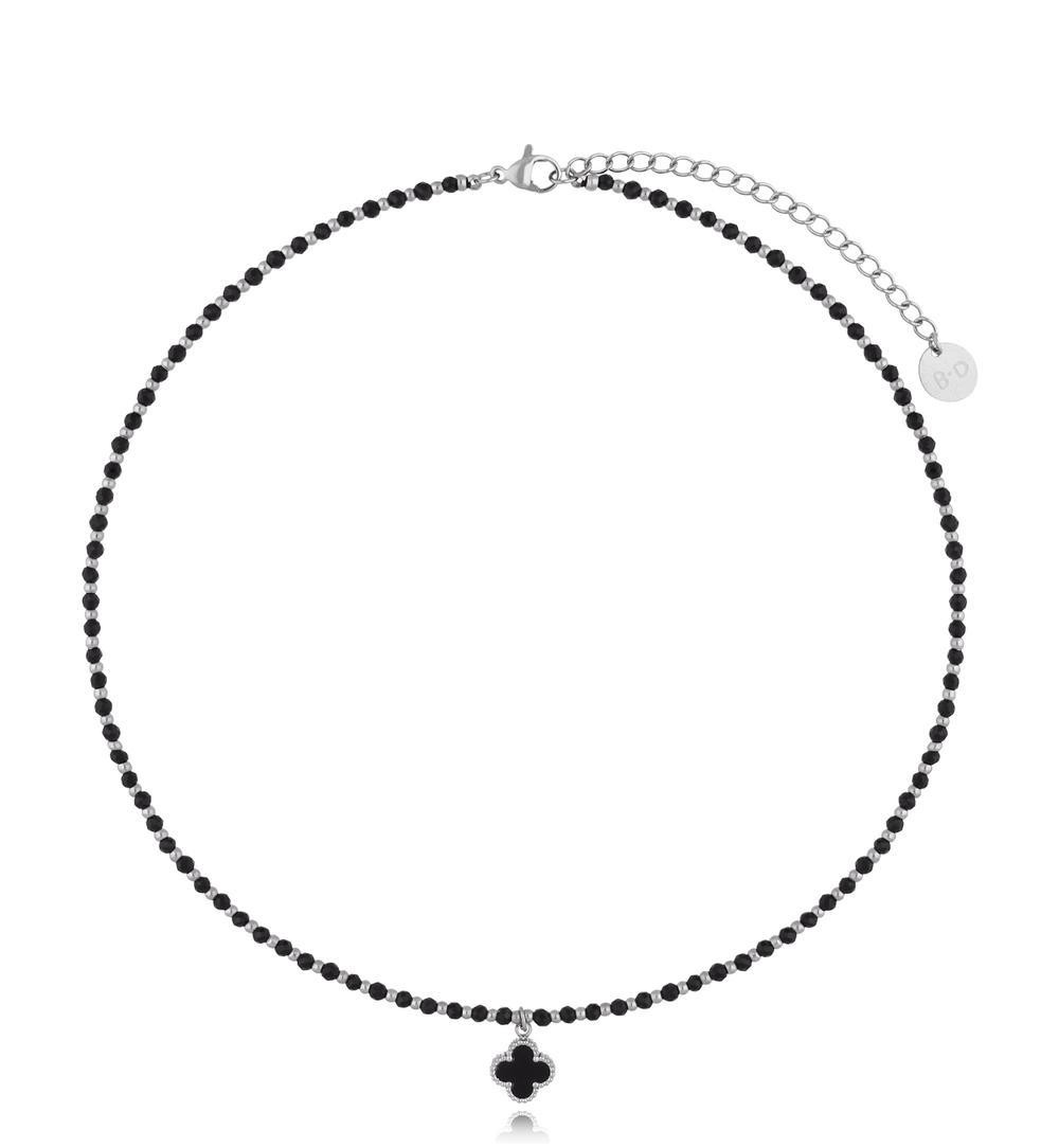 Naszyjnik z czarnych fasetowanych turmalinów z zawieszką koniczynką NTW1336