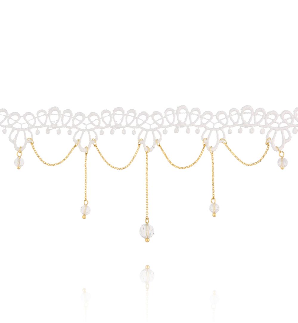 Choker z białej koronki z delikatnymi łańcuszkami i kryształkami NLU0045