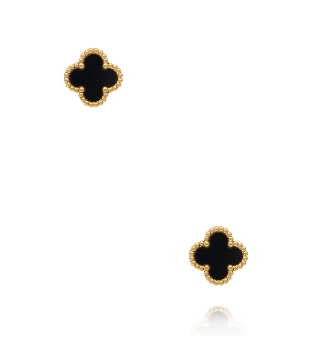 Kolczyki koniczynki z czarną emalią w złotej oprawie KSY0664