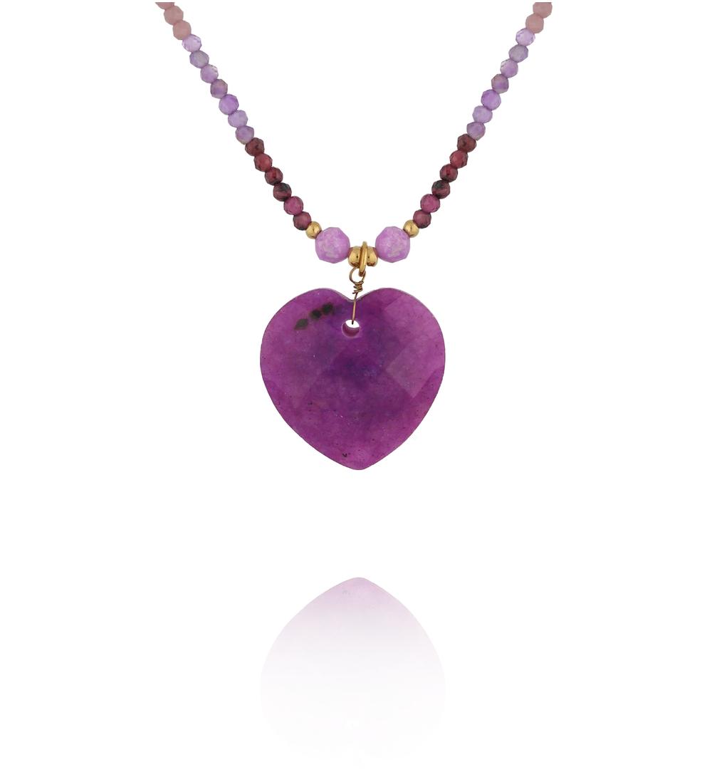 Naszyjnik z granatu, ametystu i rodochrozytu z sercem w odcieniu fioletu  NPA1552