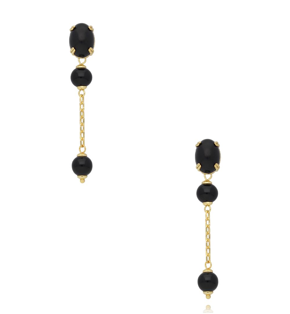 Kolczyki wiszące z czarnym kamieniem i złotym łańcuszkiem KSS2201