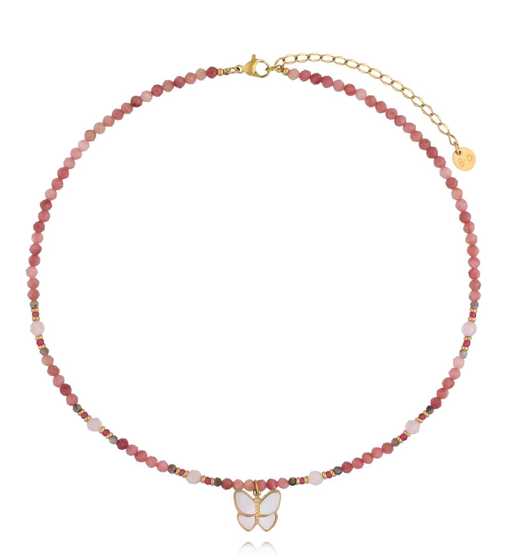Zestaw naszyjników z rodonitu, kwarcu różowego i labradorytu z motylkiem ZN0137
