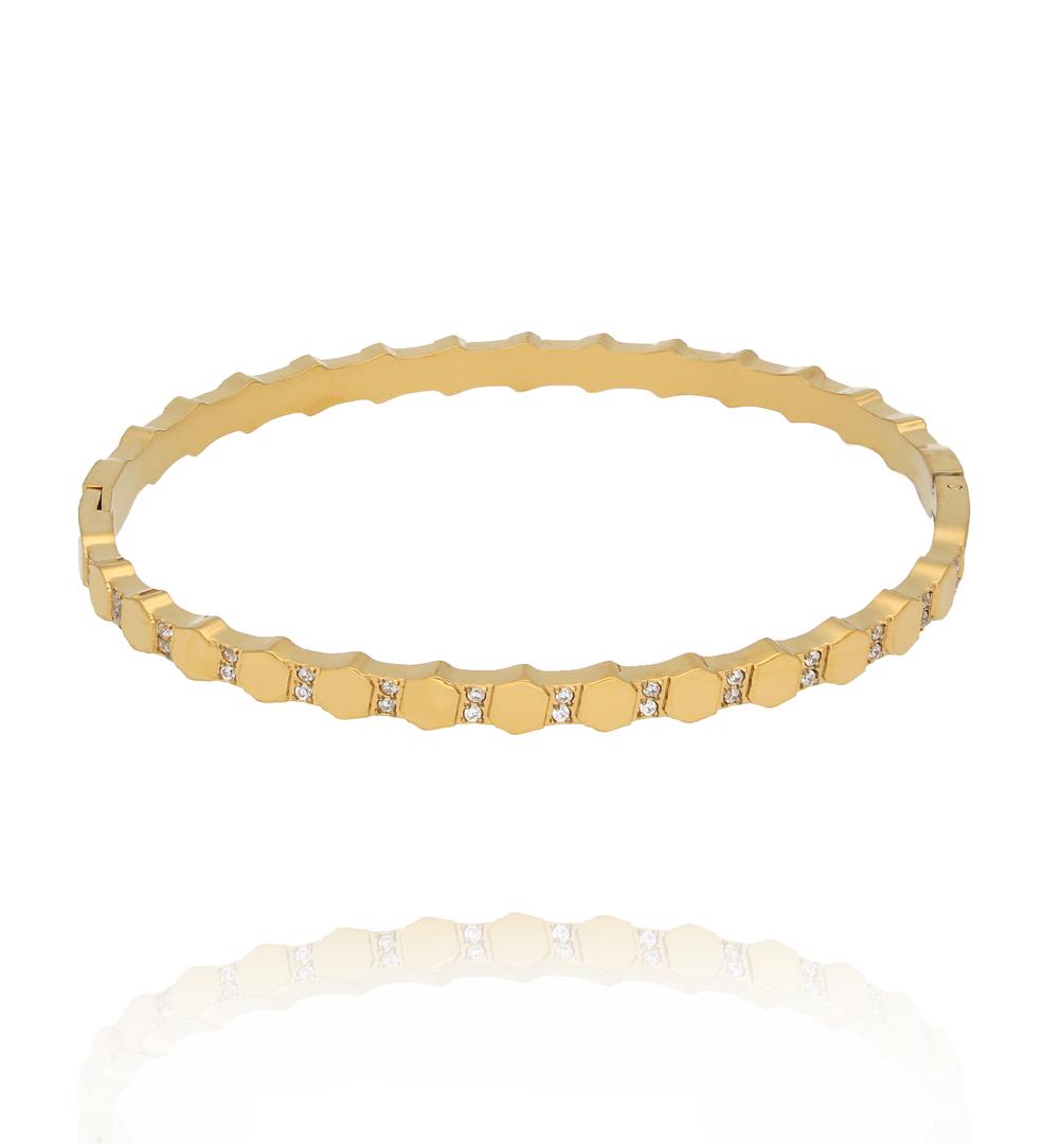 Bransoletka złota obręcz z cyrkoniami i heksagonami BSY0655