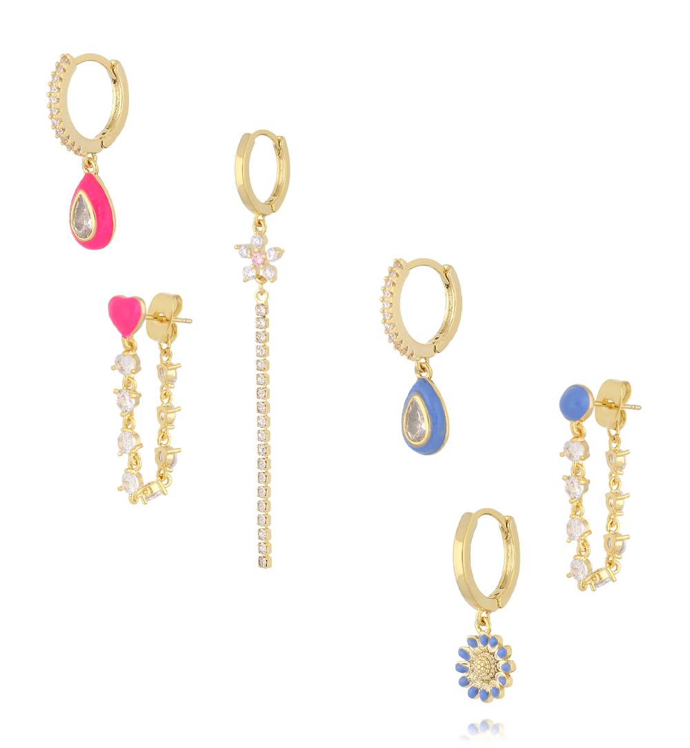 Zestaw złoconych kolczyków z kolorową emalią i cyrkoniami KMB0062