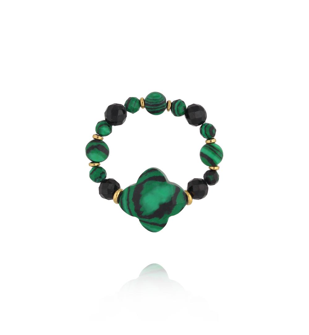 Pierścionek elastyczny z malachitem i czarnym turmalinem PTW0634