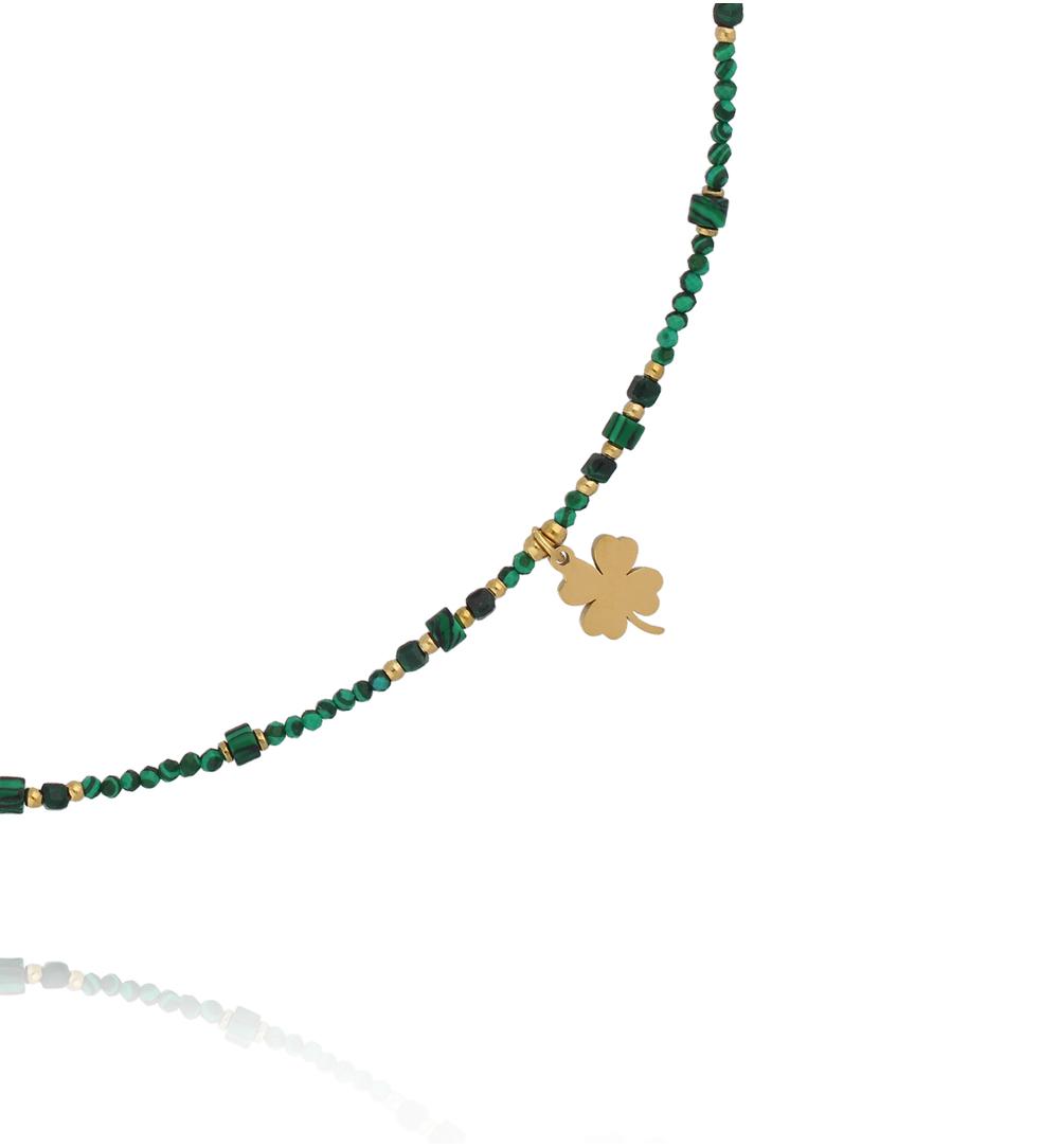 Naszyjnik z malachitem i złotą koniczynką NTW1542