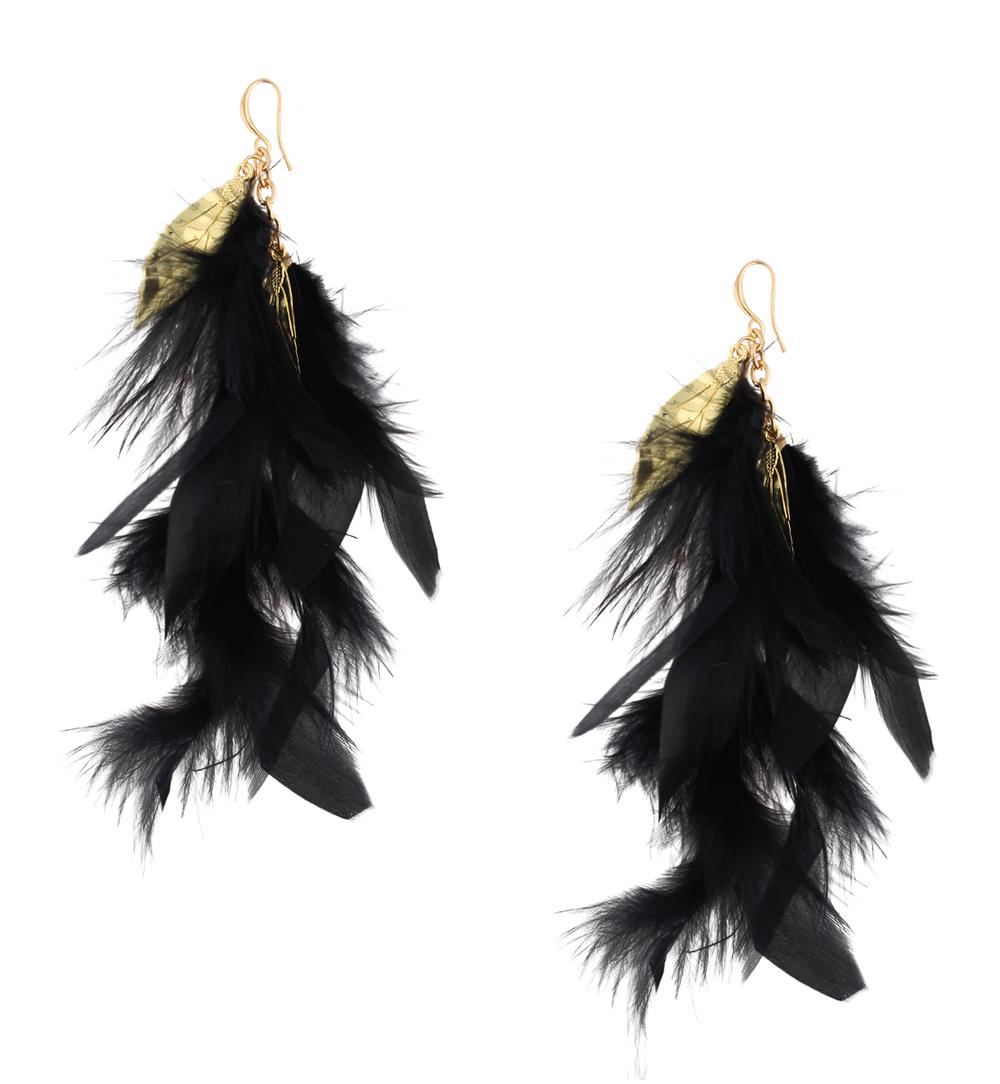 Kolczyki czarne z piórkami i listkami Soirée Romantique KFF0071