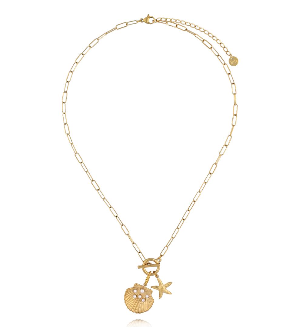 Naszyjnik z muszlą, rozgwiazdą i perełkami na złotym łańcuszku NSY0753