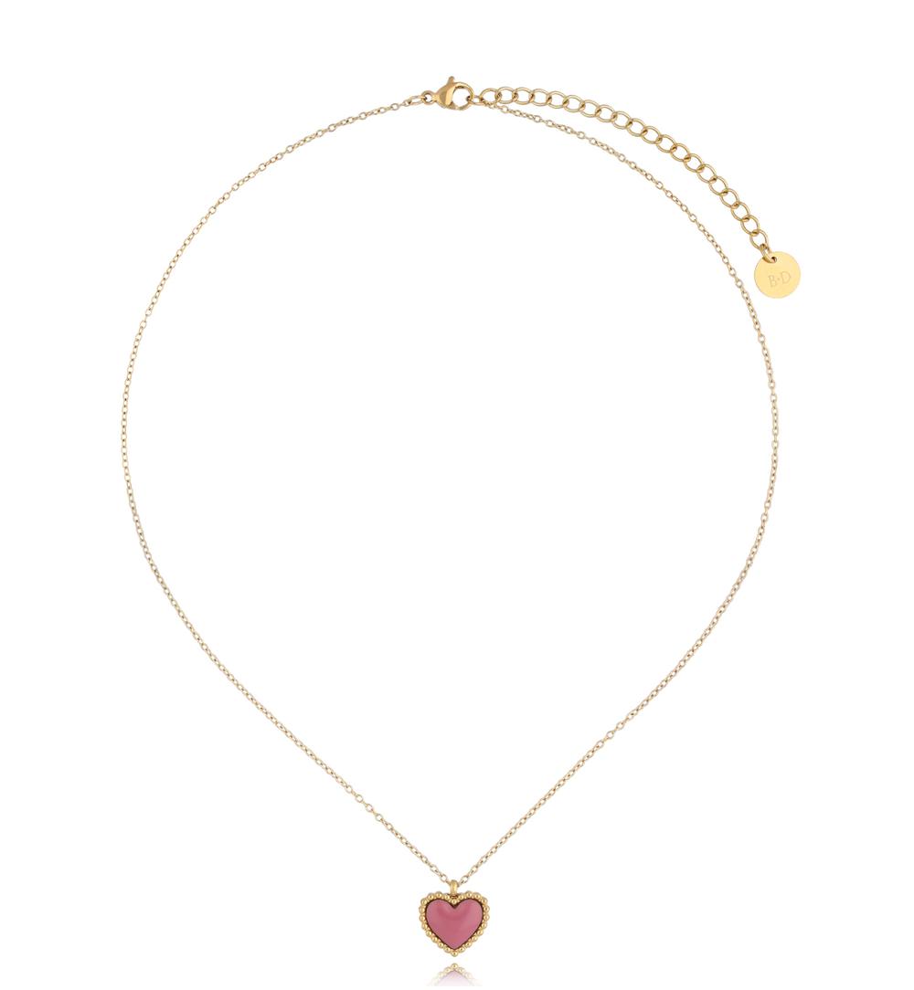 Naszyjnik złoty z sercem i różową emalią Enamel Heart NSA1121