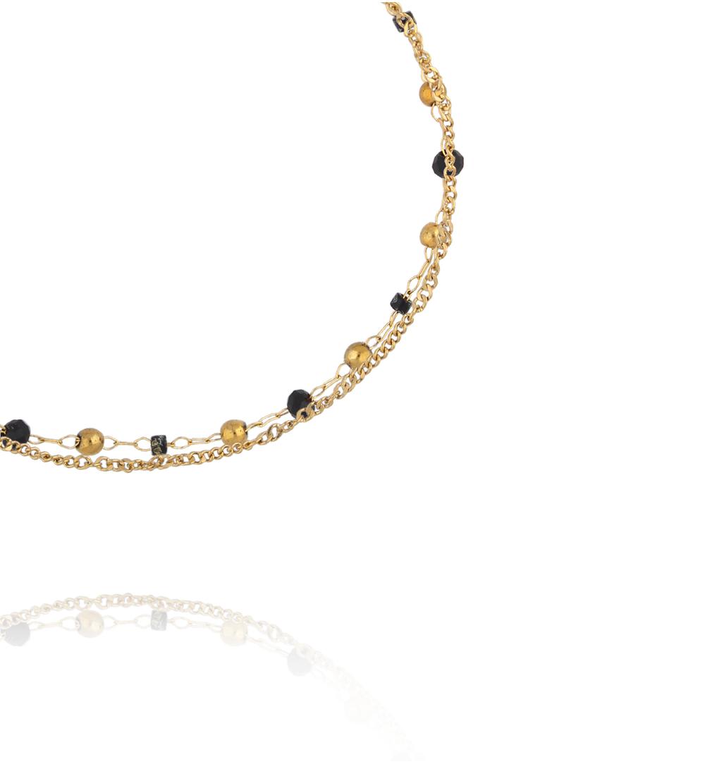 Bransoletka z podwójnym złotym łańcuszkiem i czarnymi agatami BEA0097