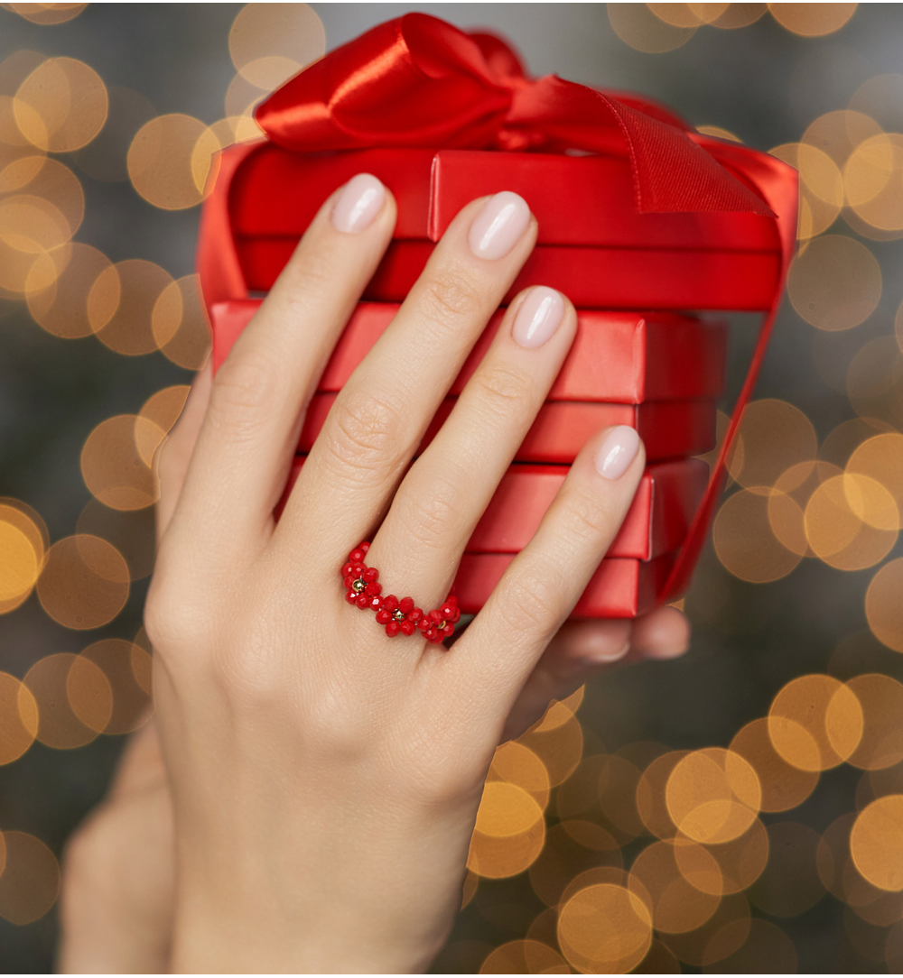 Pierścionek czerwony z kwiatuszkami Bouquet PSC0339