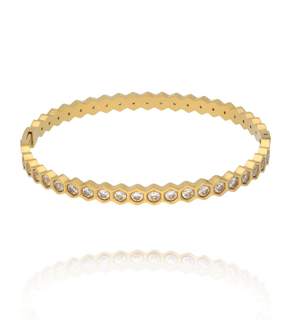 Bransoletka sztywna złota z geometryczny elementami i cyrkoniami BSY0657