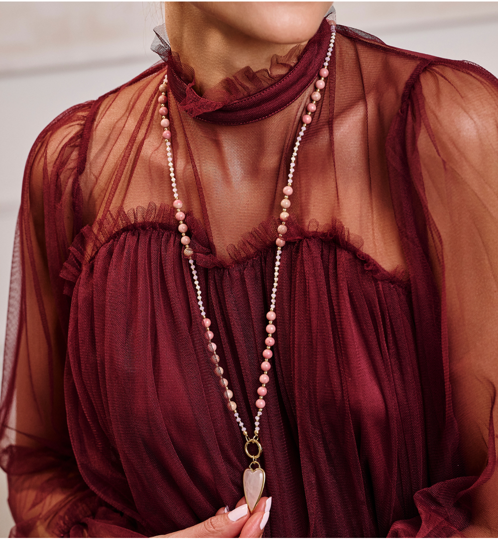 Naszyjnik różowy z rodonitami i sercem NSC0671