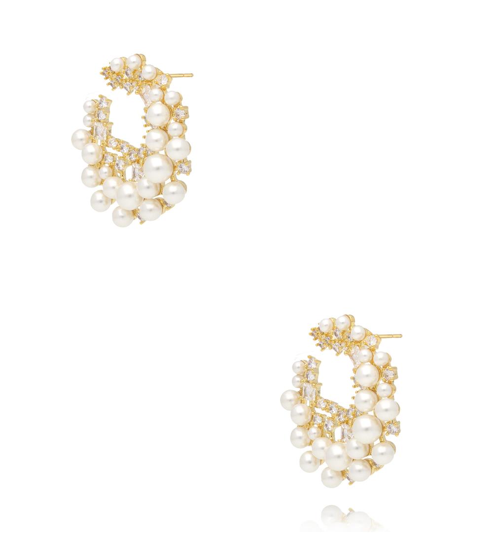 Kolczyki złote z perłami i cyrkoniami w kształcie księżyca KSS2170