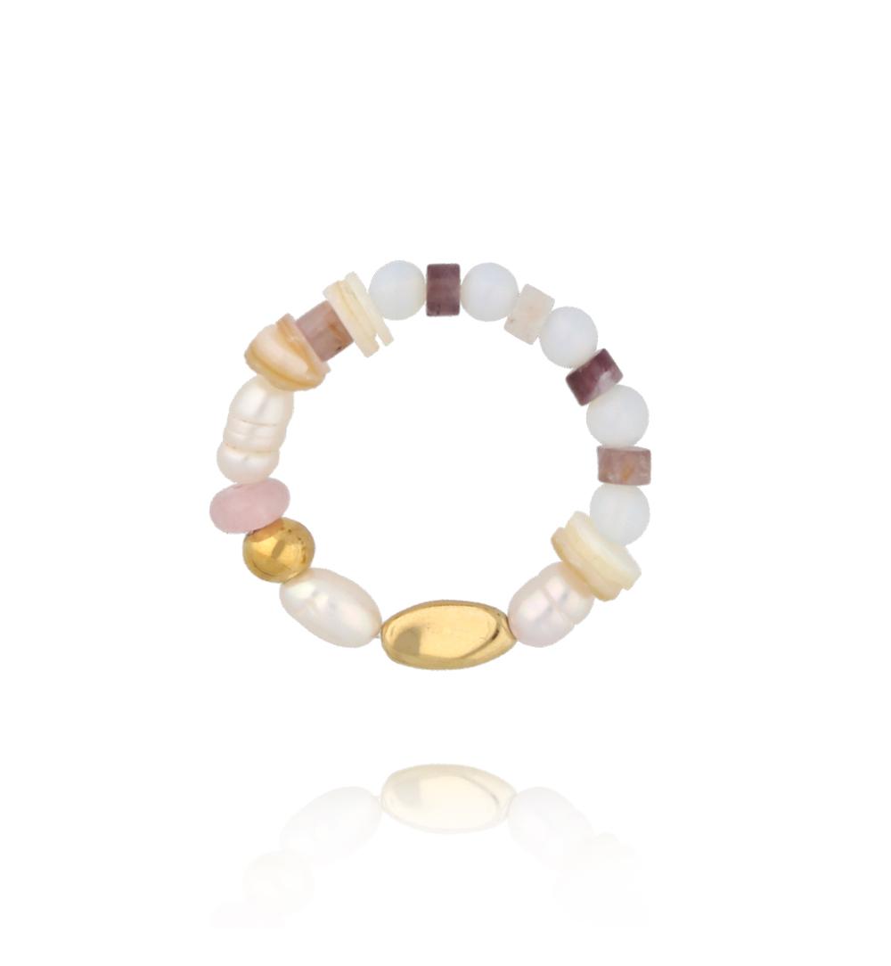 Pierścionek pastelowy z perełką i naturalnymi kamieniami PSC0778