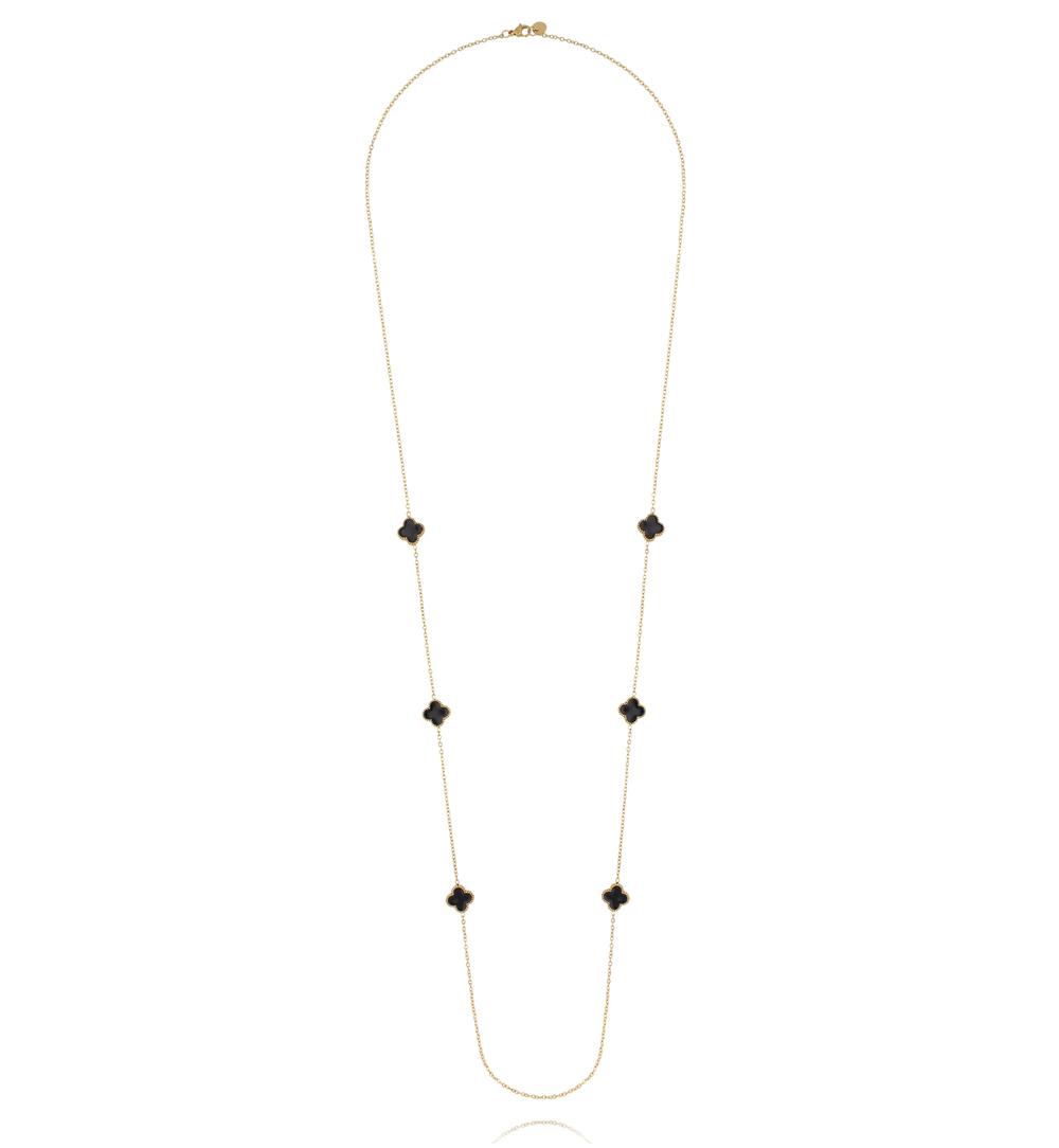 Naszyjnik długi z czarnymi koniczynkami w złotym wykończeniu NSA1533