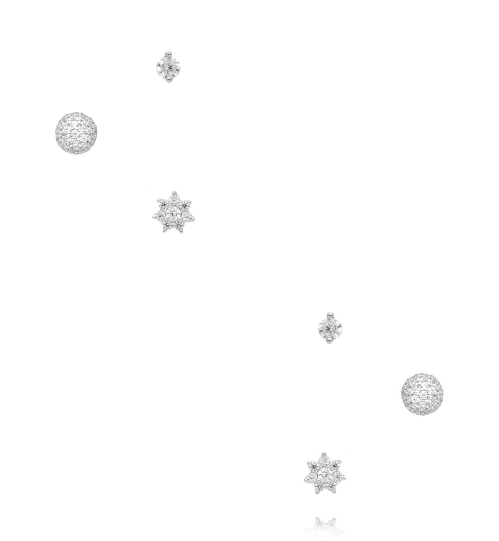 Zestaw kolczyków srebrnych – gwiazdki i kulki z cyrkoniami KCA0193