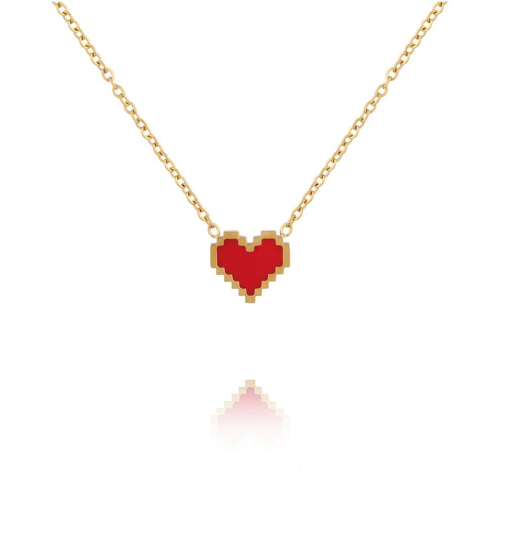 Naszyjnik z czerwonym sercem w stylu pixel w kolorze złota NSY0930
