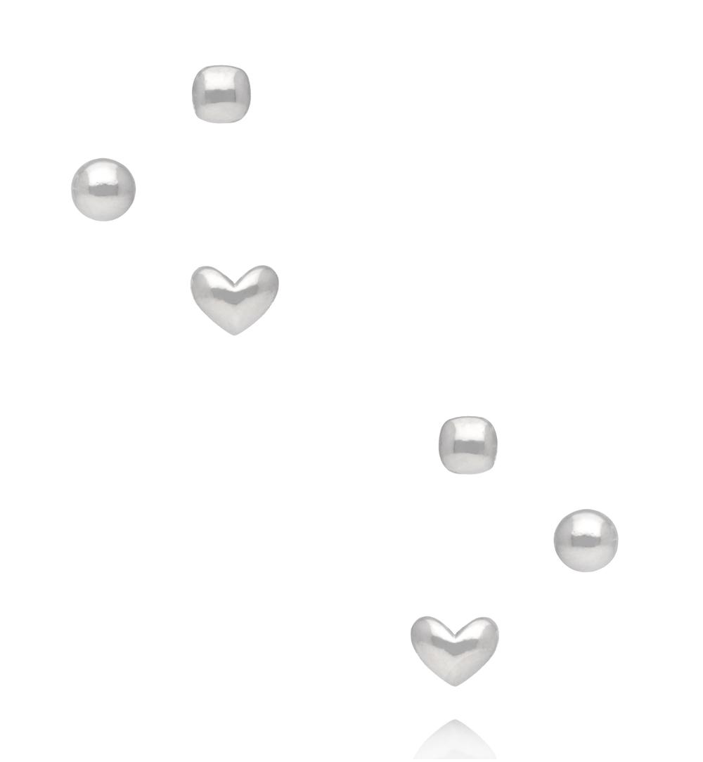 Zestaw srebrnych kolczyków – serce, kulka i geometryczna forma KMB0029