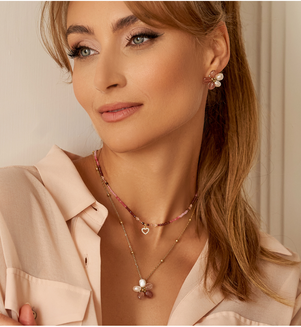 Kolczyki kwiaty różowe z perłami Nadine KSC0097