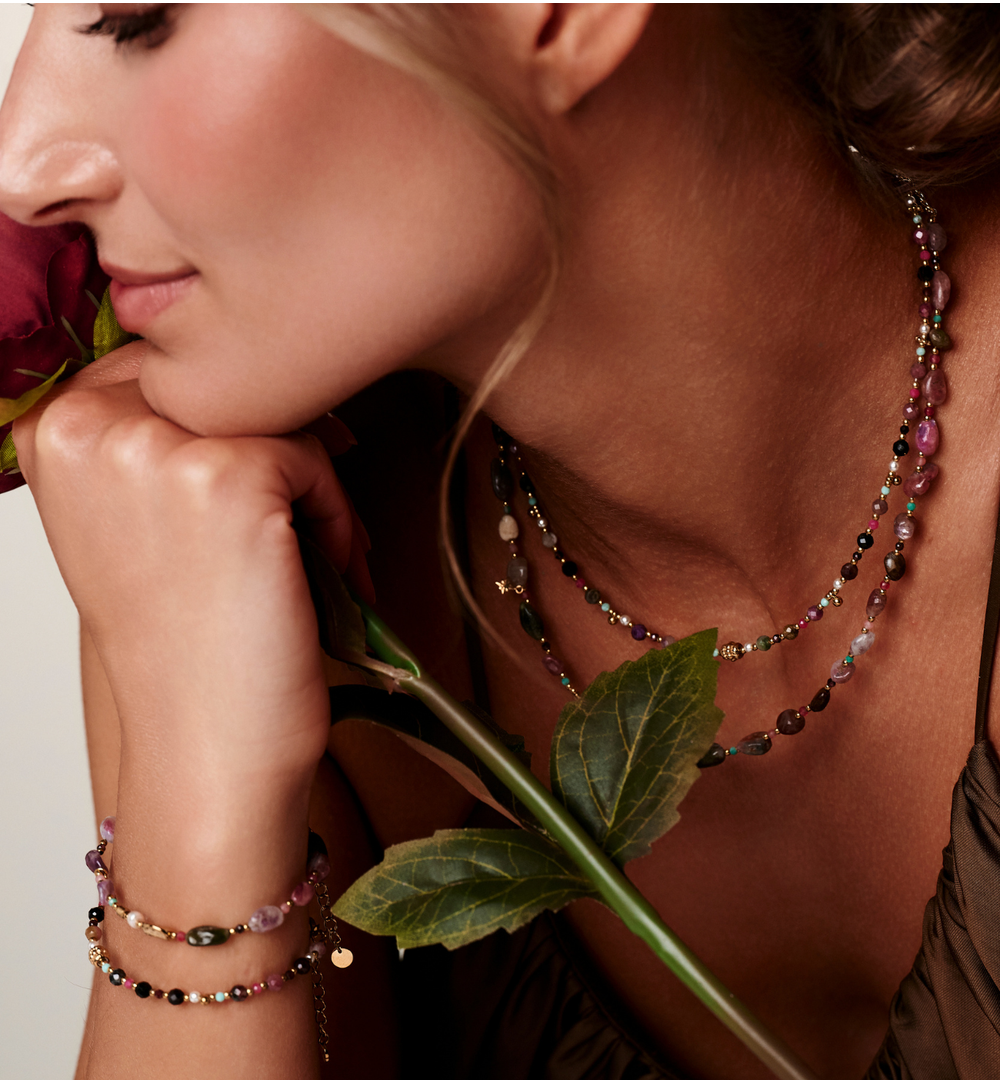 Naszyjnik z turmalinu, granatu, amazonitu i perły NEA0083