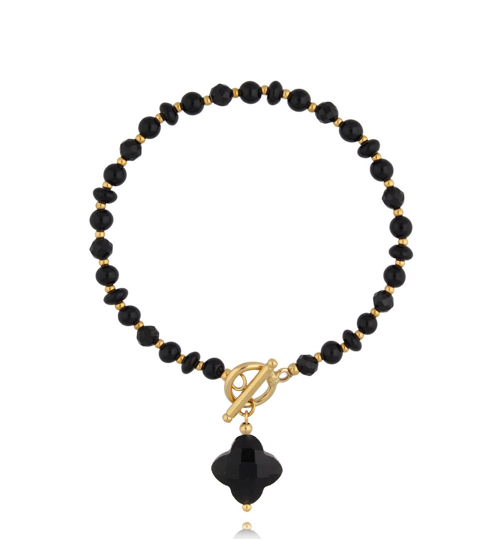 Bransoletka czarna z koniczynką i złotym zapięciem BPA0650