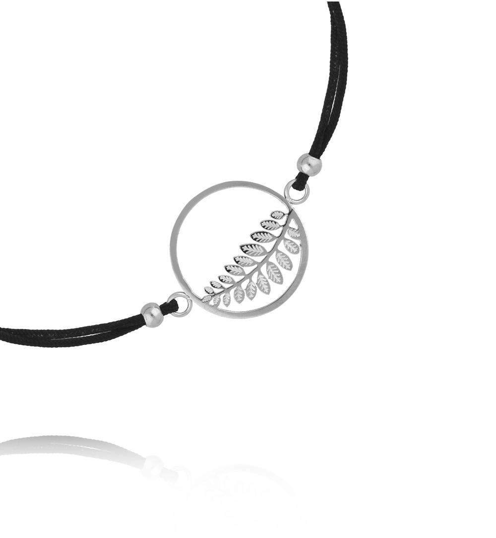 Bransoletka srebrna z czarnym sznurkiem i liściem paproci Botanique BGL0838